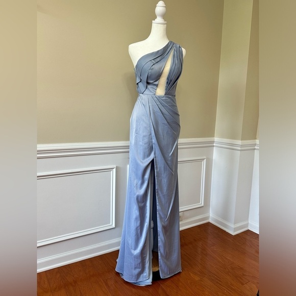 Mac Duggal 50668 powder blue gown pleated one-shoulder bodice dress formal New - Picture 5 of 12